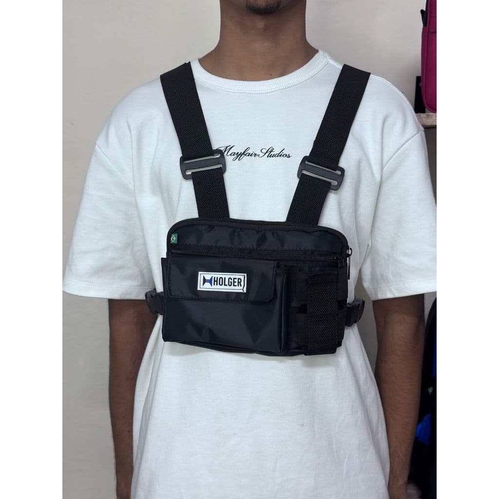 Bolsa Peitoral Chest Bag Masculina Estilo Street Motoqueiro Resistente Preta Holger