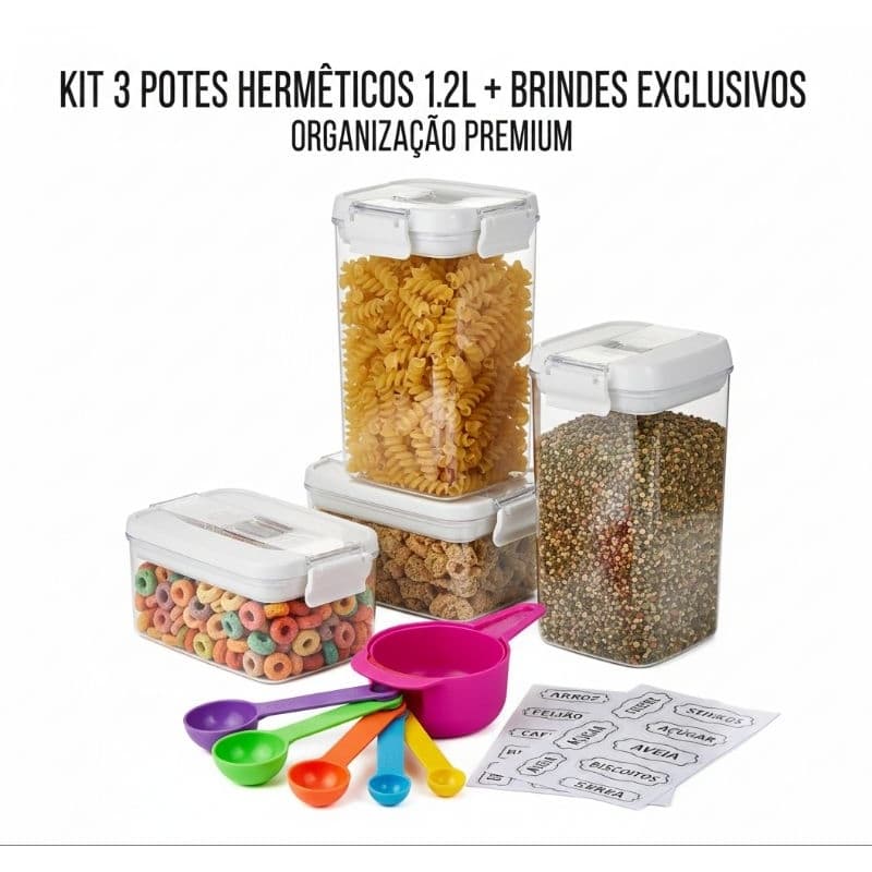 Kit 3 Potes Herméticos 1.2L Acrílico Organizador Cozinha + 6 Colheres Medidoras e Adesivos Vedação Premium Mantimentos