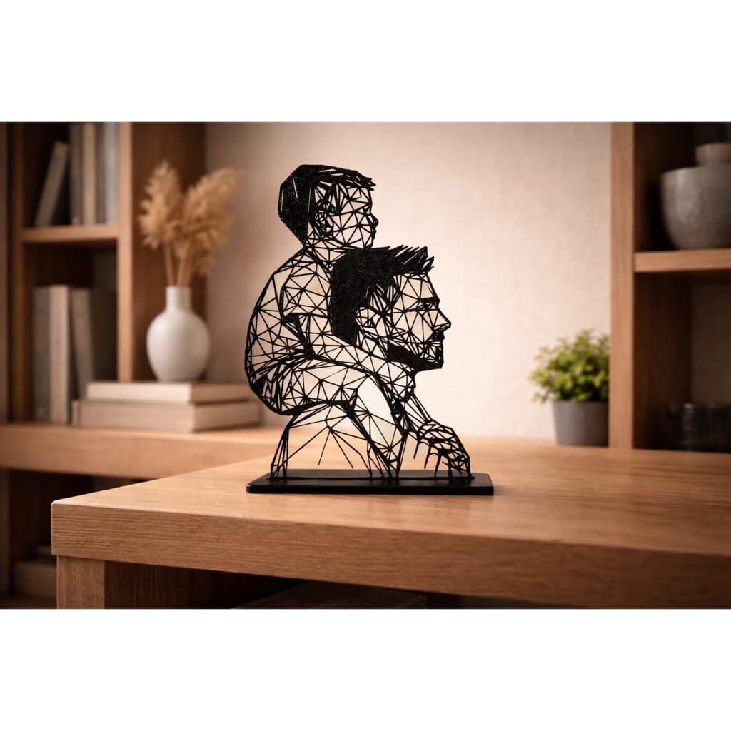 Escultura Decorativa Pai e Filho em Arte Geométrica Preta – Decoração Moderna para Sala e Escritório