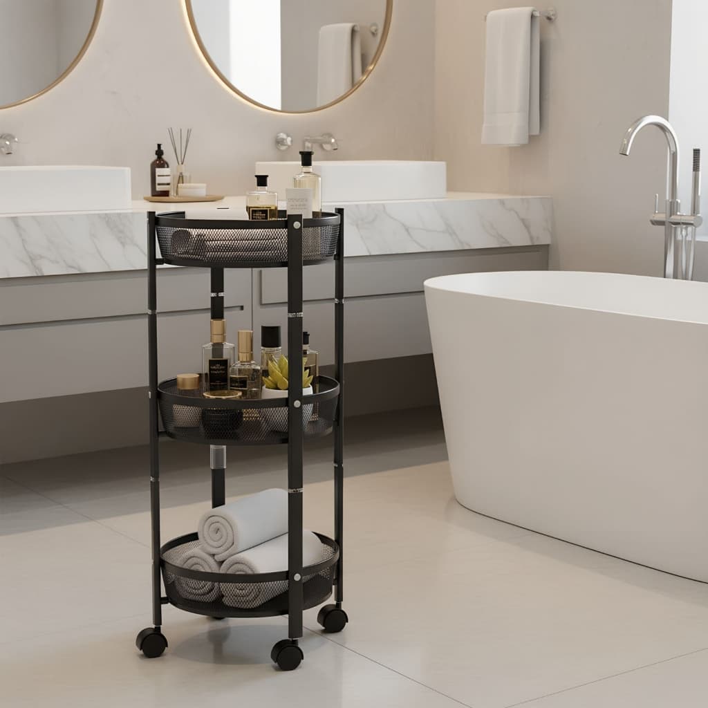 Fruteira Compacta 3 Andares Organizador Multiuso Aço Carbono All Black com Rodinhas