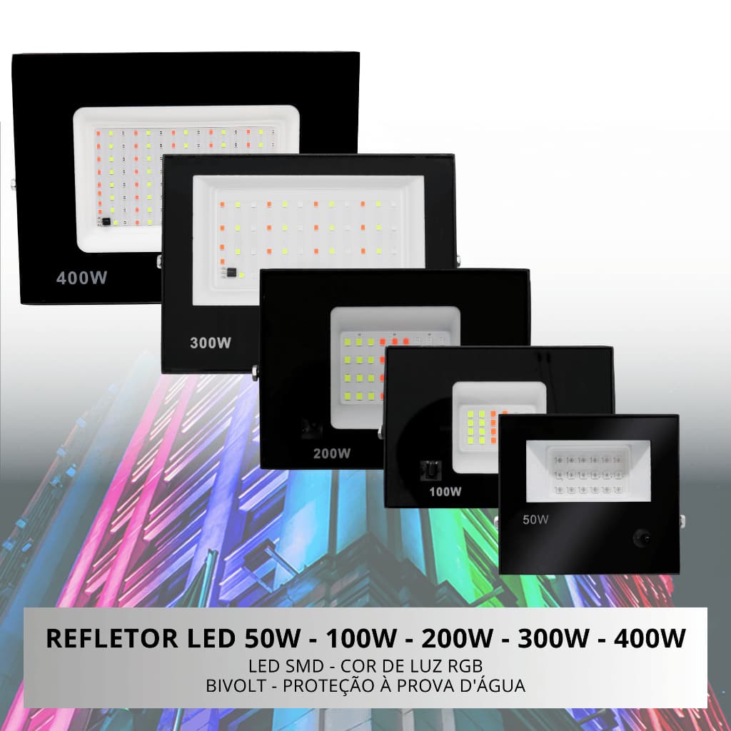 Refletor Led Holofote Colorido Rgb 50w/100w/200w/300w/400w Bivolt C/ Controle
