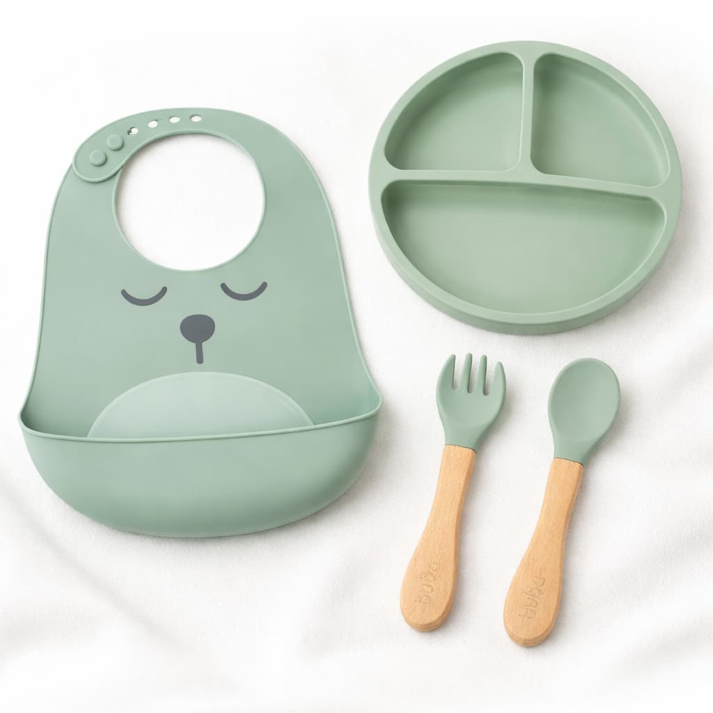 Kit Introdução Alimentar Buba Prato Silicone Ventosa Bebê Babador Silicone Menino Verde Kit Alimentação Bebê Buba