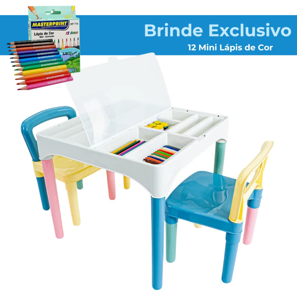 Mesa Mesinha Infantil com 2 Cadeiras - Poliplac - Cor Especial Picolor - Brinde Mini Lápis de Cor