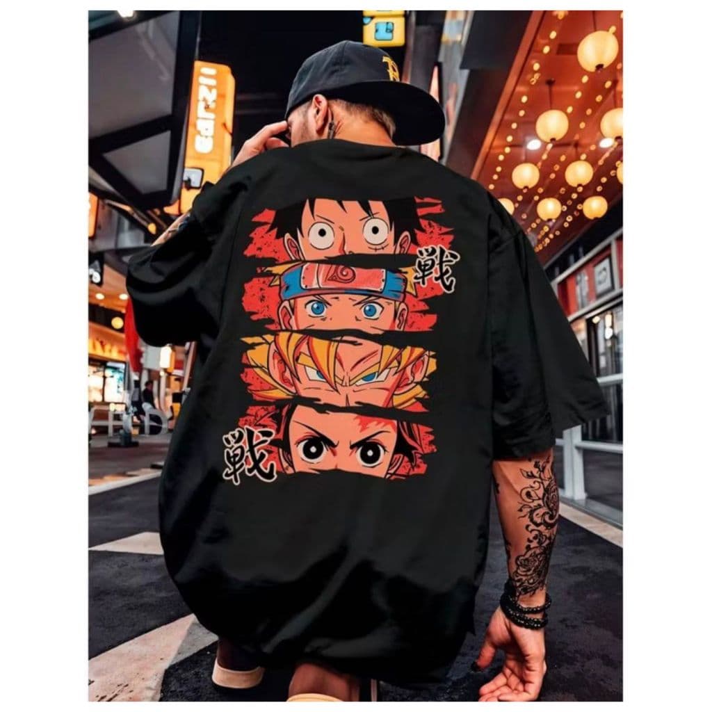 Camiseta Masculina Anime Naruto Goku Tanjiro Luffy Coloridas Costas