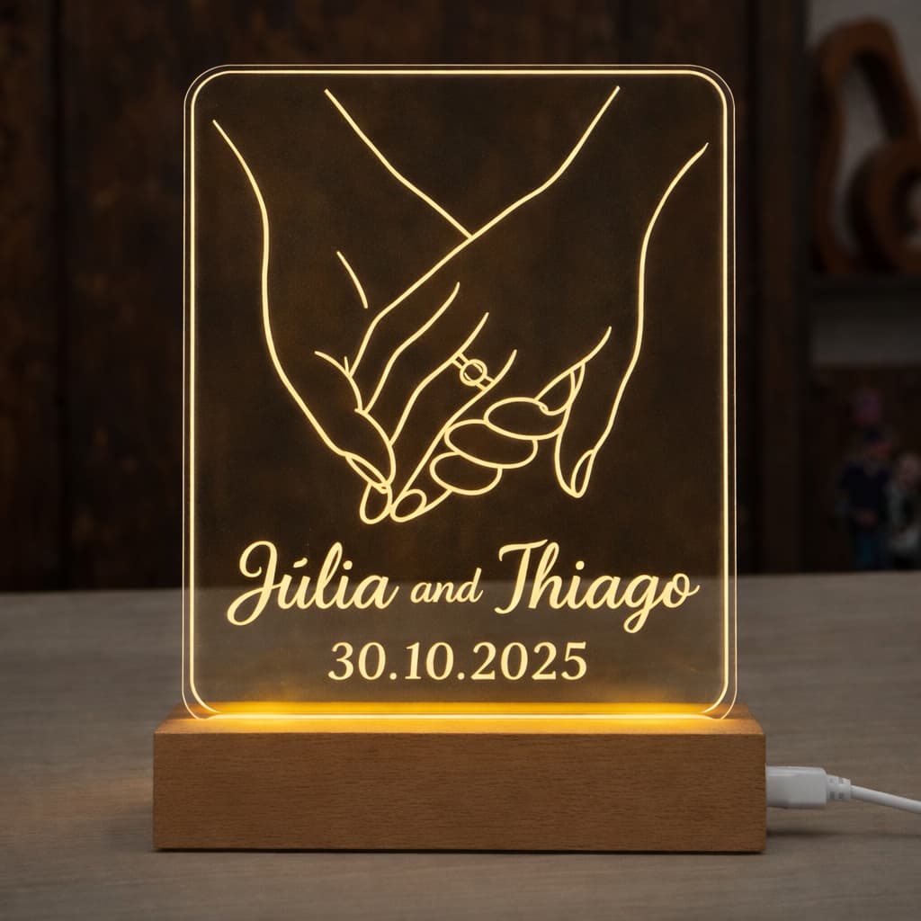 Luminária LED Acrílico Personalizada Mãos Entrelaçadas – Nomes e Data | Presente Romântico | Casal I Namorados I Noivos