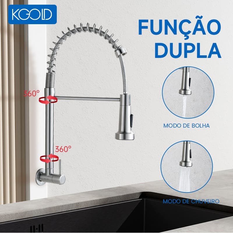 Torneira Gourmet de Parede para Cozinha com Mola, Giro 360°, Acabamento Cromado, Dupla Função (Chuveiro e Bolha)