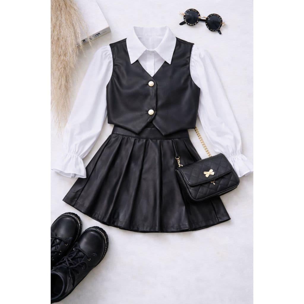 Conjunto Feminino Couro Eco: Colete Alfaiataria + Saia Pregueada