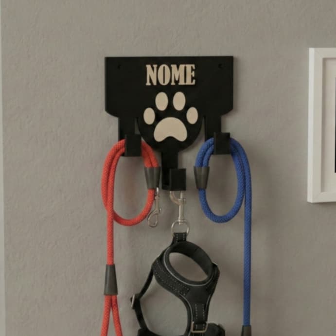 Porta Coleira Personalizado com Nome do Pet - Suporte de Parede para Guia e Peitoral Cachorro 3 Ganchos