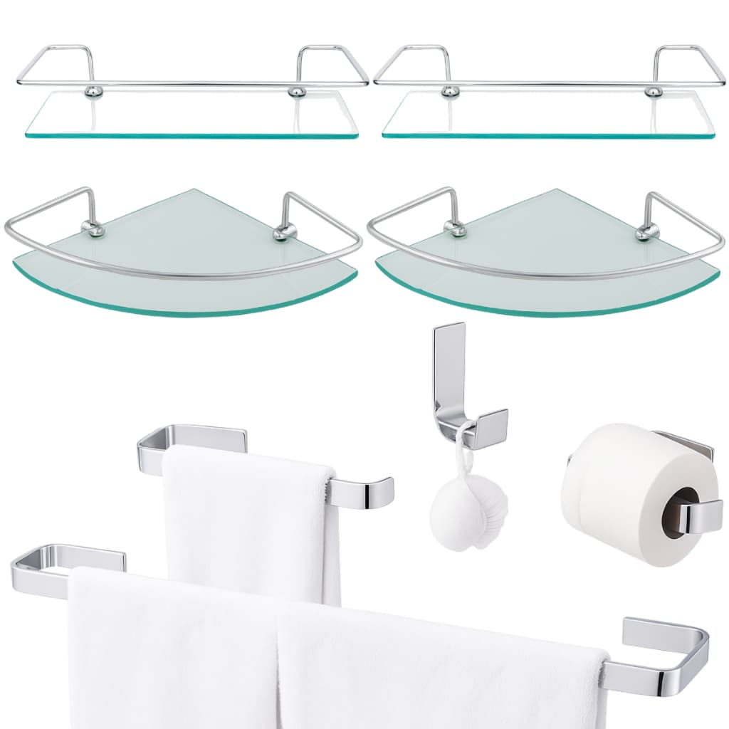 Kit Acessórios Conjunto Banheiro 4 Peças Inox + Porta Shampoo Prateleira Vidro Reto ou Canto