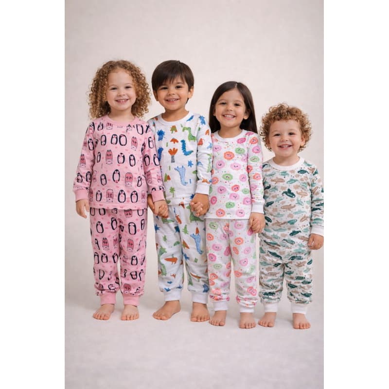 Pijamas Infantis de calça com camiseta manga longa  de menino e menina na malha 100% algodão