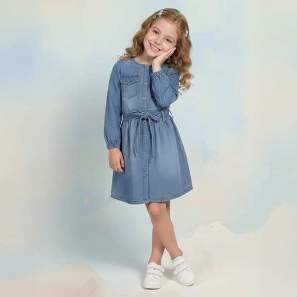 Vestido Jeans Feminino Infantil Manga Longa Menina Juvenil
