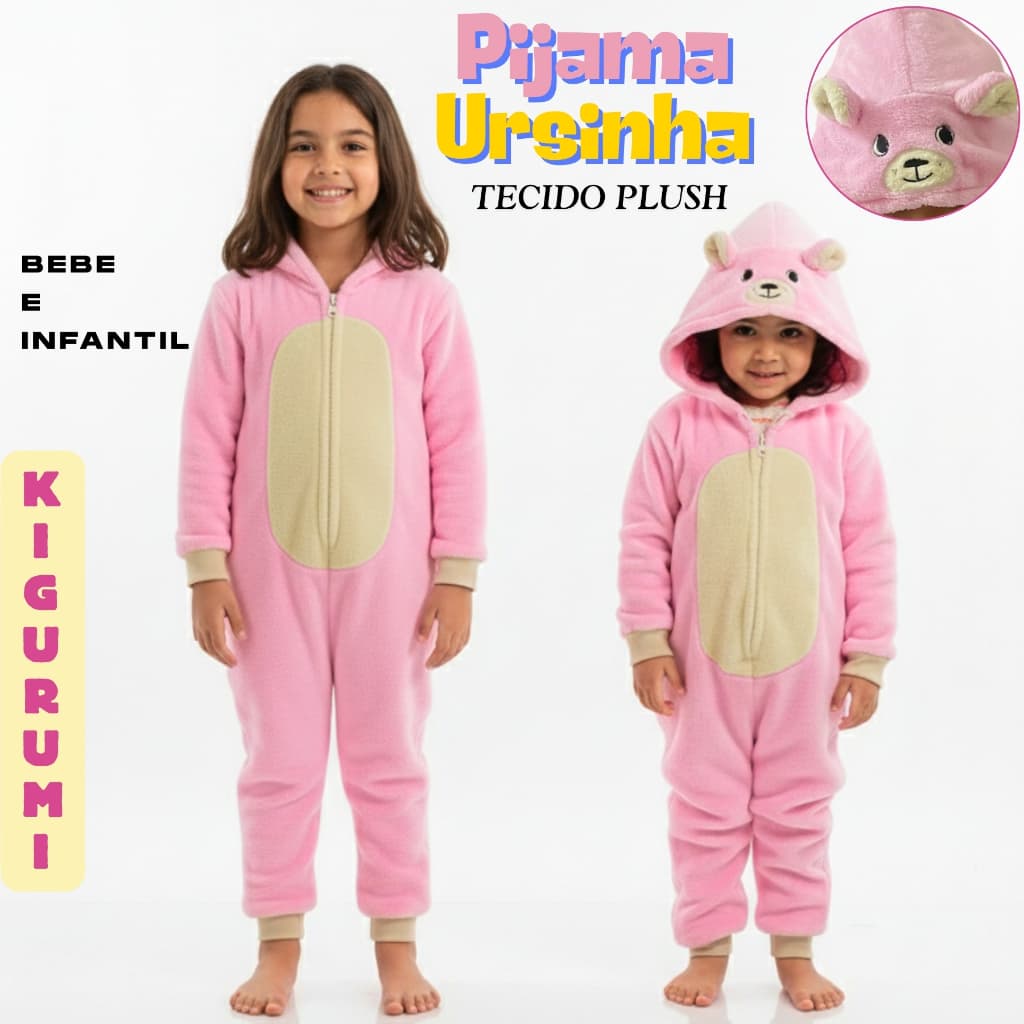 Pijama Fofinho Macacão Urso Rosa Kigurumi Cosplay Menina Original Bebê Infantil