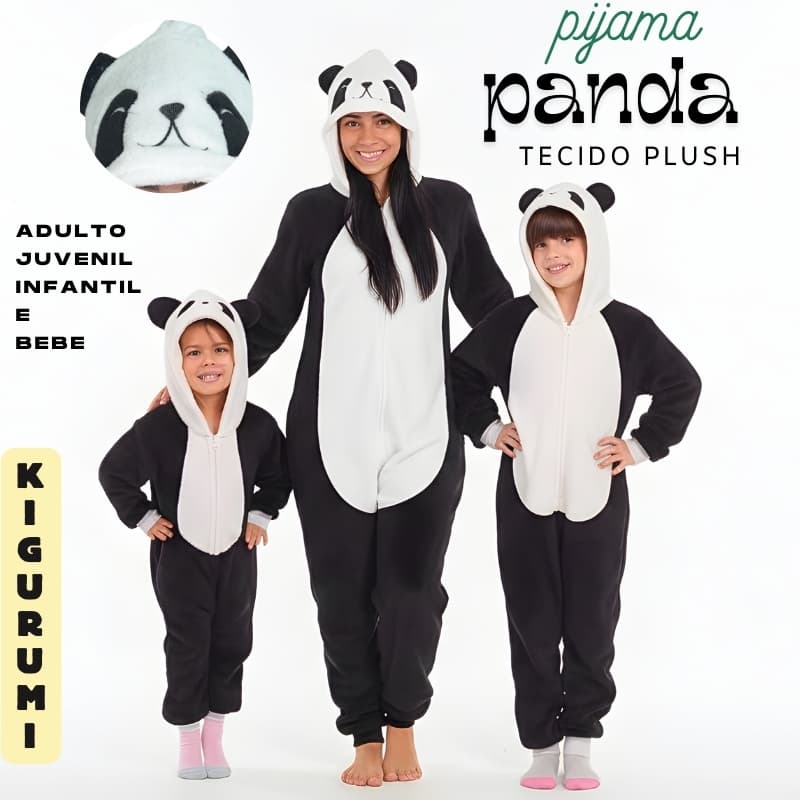 Pijama Macacão Fofinho Panda Bebê, Infantil, Juvenil e Adulto Kigurumi Unissex Original