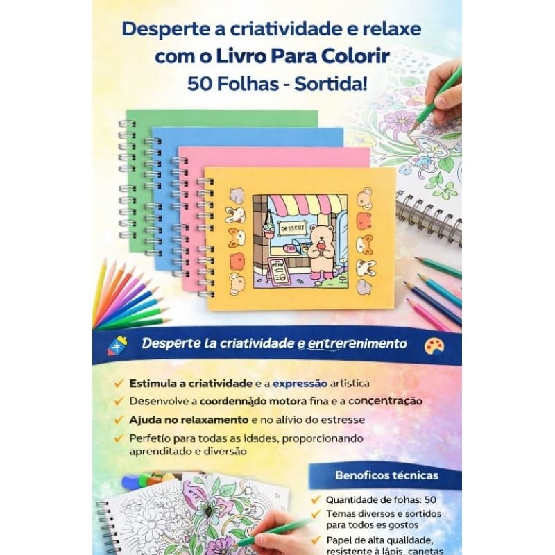 Livro Colorir Infantil 50 Folhas Variadas Arte Criatividade Diversao