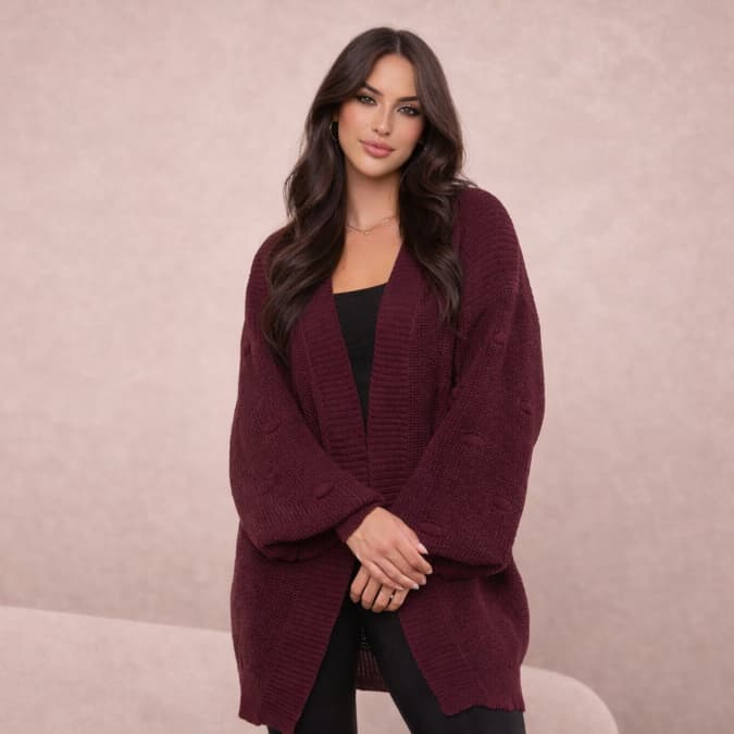 Casaco Cardigan Kimono Feminino Ponto Fang Aberto Tricot De inverno Manga Bufante Com Bolinhas