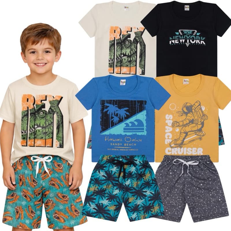 Kit 8 Peças Sortido Roupa Infantil Menino Verão –2 Camisetas + 2 Regatas + 4 Bermudas Bebê Masculino