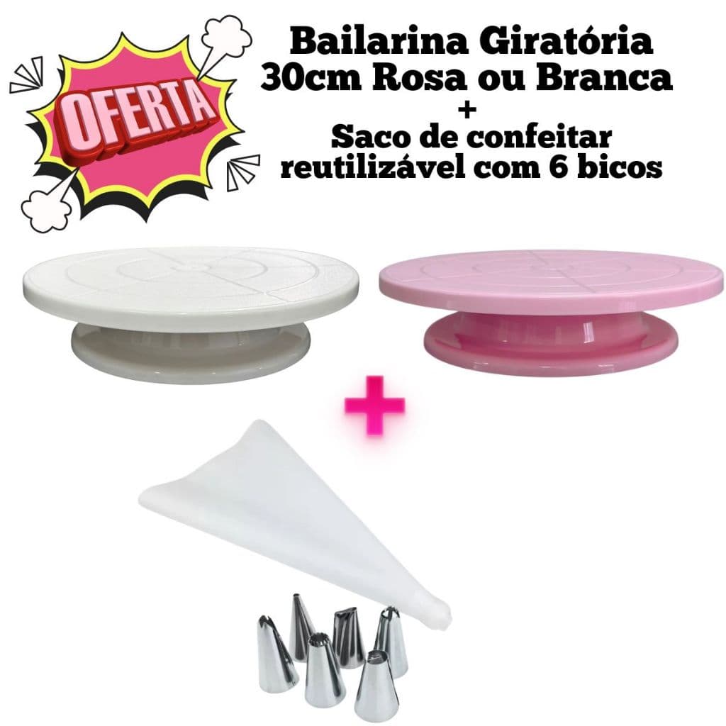 Kit Bailarina Giratória 30cm e Saco de Confeitar Reutilizável e 6 Bicos de Inox Para Confeitar Bolo