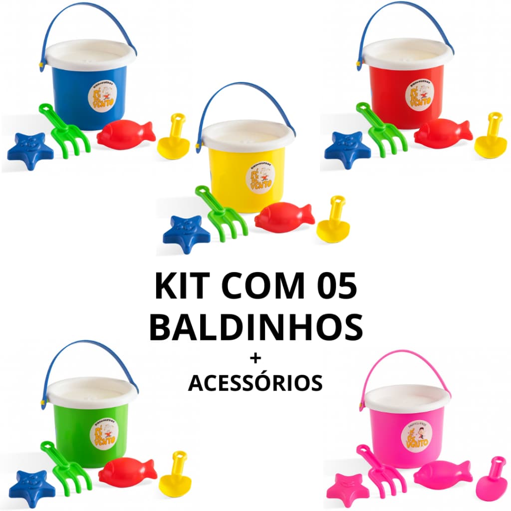 Kit com 05 Baldinhos de Praia Infantis + 20 Acessórios Sortidos Areia Menino e Menina
