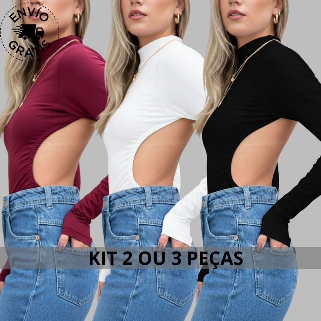 Body Feminino Suplex COSTA NUA MANGA COMPRIDA Bori boddy body suit Gola Alta inverno roupas chique..