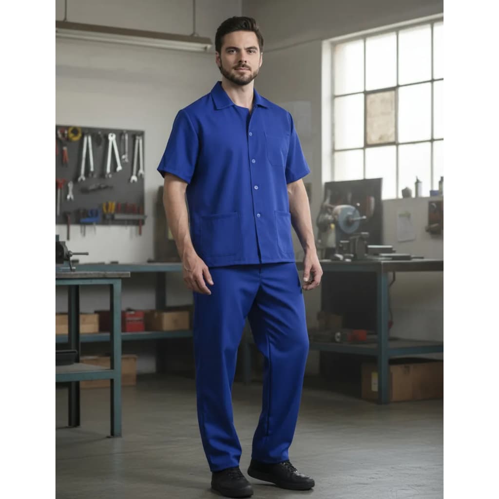 Conjunto Masculino em Tecido Oxford para Serviços Gerais Jaleco com Botões Calça Elático Não Mancha