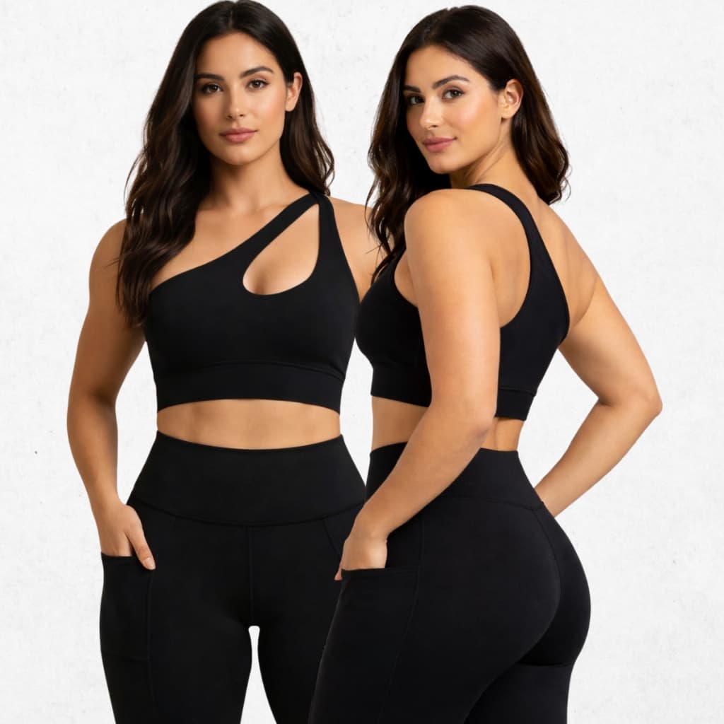 Conjunto de Academia Calça Legging com Bolso e Top um Ombro Só Conjunto Fitness