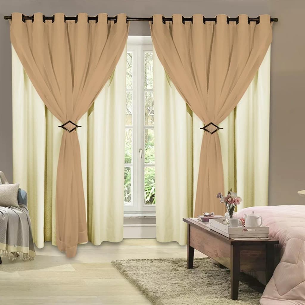 Cortina Corta Luz 4,00m X 1,80m 100% Blackout Com Voil Avelã Para Sala Ou Quarto Para Varão Simples