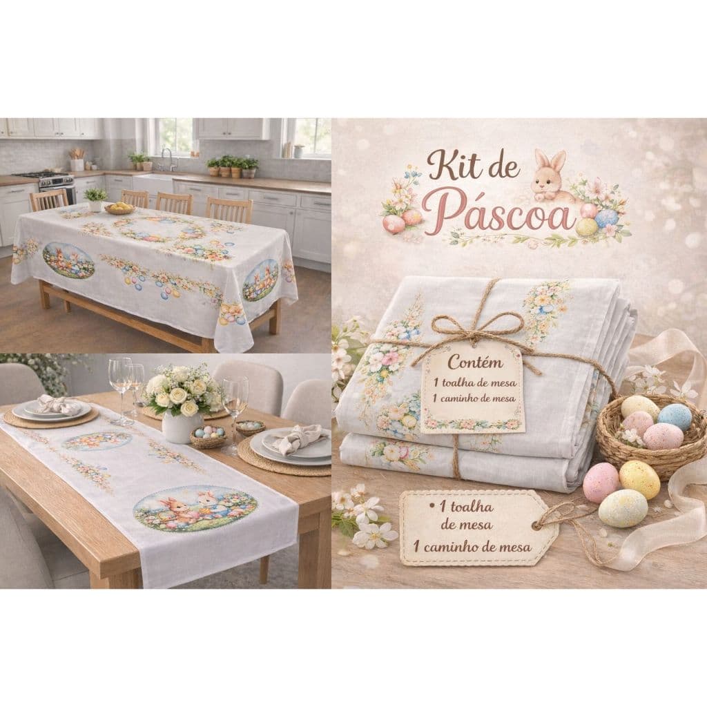 kit caminho de mesa + toalha de páscoa elegante sofisticada e decorativa