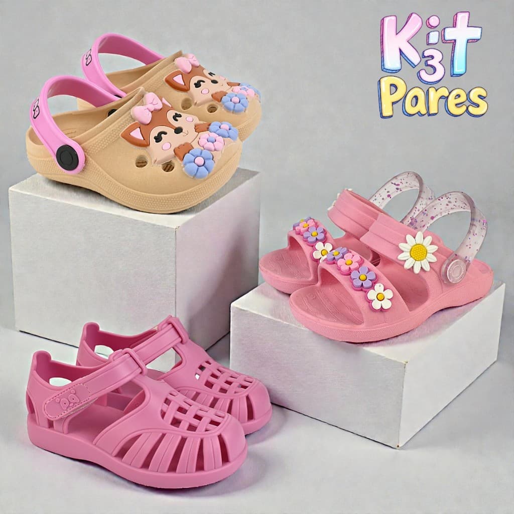 Sandálias Infantil Menina Kit 3 Pares Dia a Dia Escolar Promoção Leve Macio Confortável