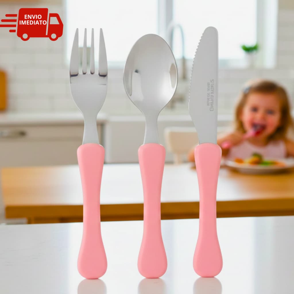 Kit Talheres Rosa em Inox Talher Infantil para Escola Volta as Aulas Lancheiras Meninas Princesas