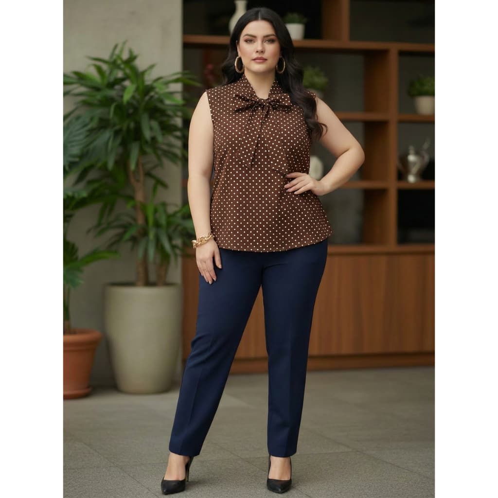 Regata Executiva Feminina Poá com Laço – Ideal para Trabalho Em Tecido CREPINHO