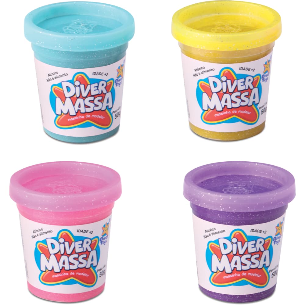 Kit Massinha Infantil com Glitter 4 Cores Vibrantes Criativa – Produto Original Diver Toys