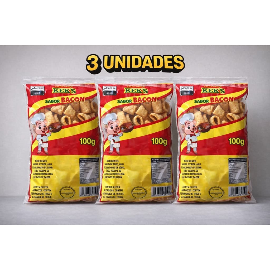 Salgadinho Rabinho de Porco Sabor Bacon 3 UNIDADES DE 100G CADA  Kek's Ideal Para Petiscos