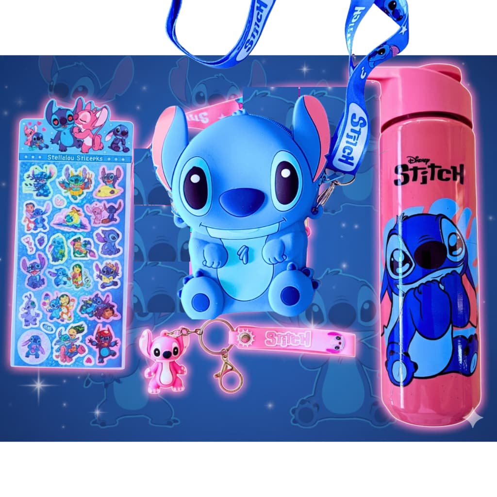 Kit Garrafa Stitch Bolsa Stitch Silicone Azul Rosa Pequena Porta Celular Tiracolo Ajustável Novo Presente Squeeze Stitch