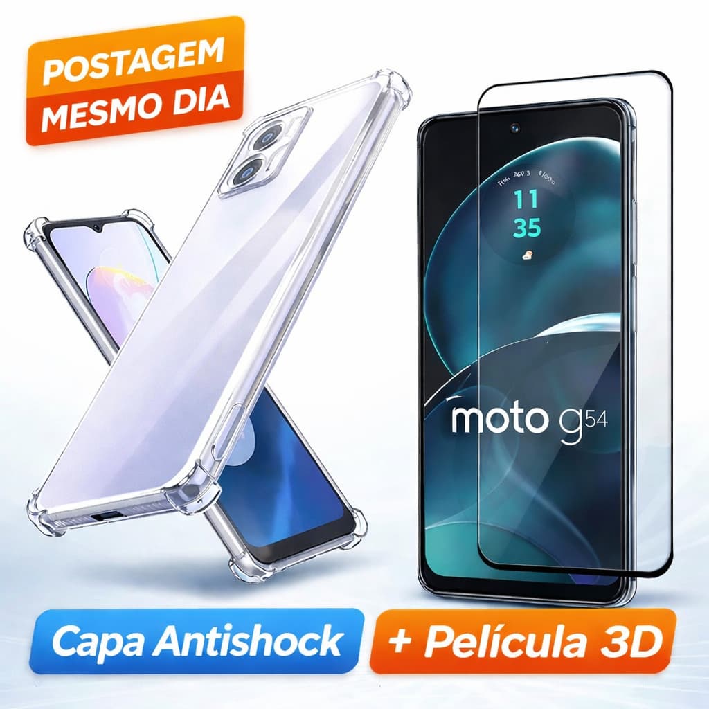 Kit Proteção Moto G54 5G Capa Antishock Transparente + Película 3D Vidro Temperado - Anti Impacto
