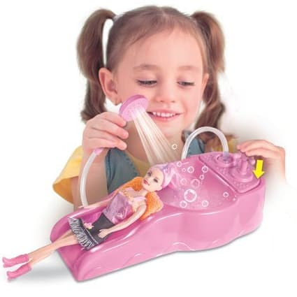 Kit Salão de Beleza Infantil com Boneca e Lavatório com Água de Verdade Rosa + Acessórios