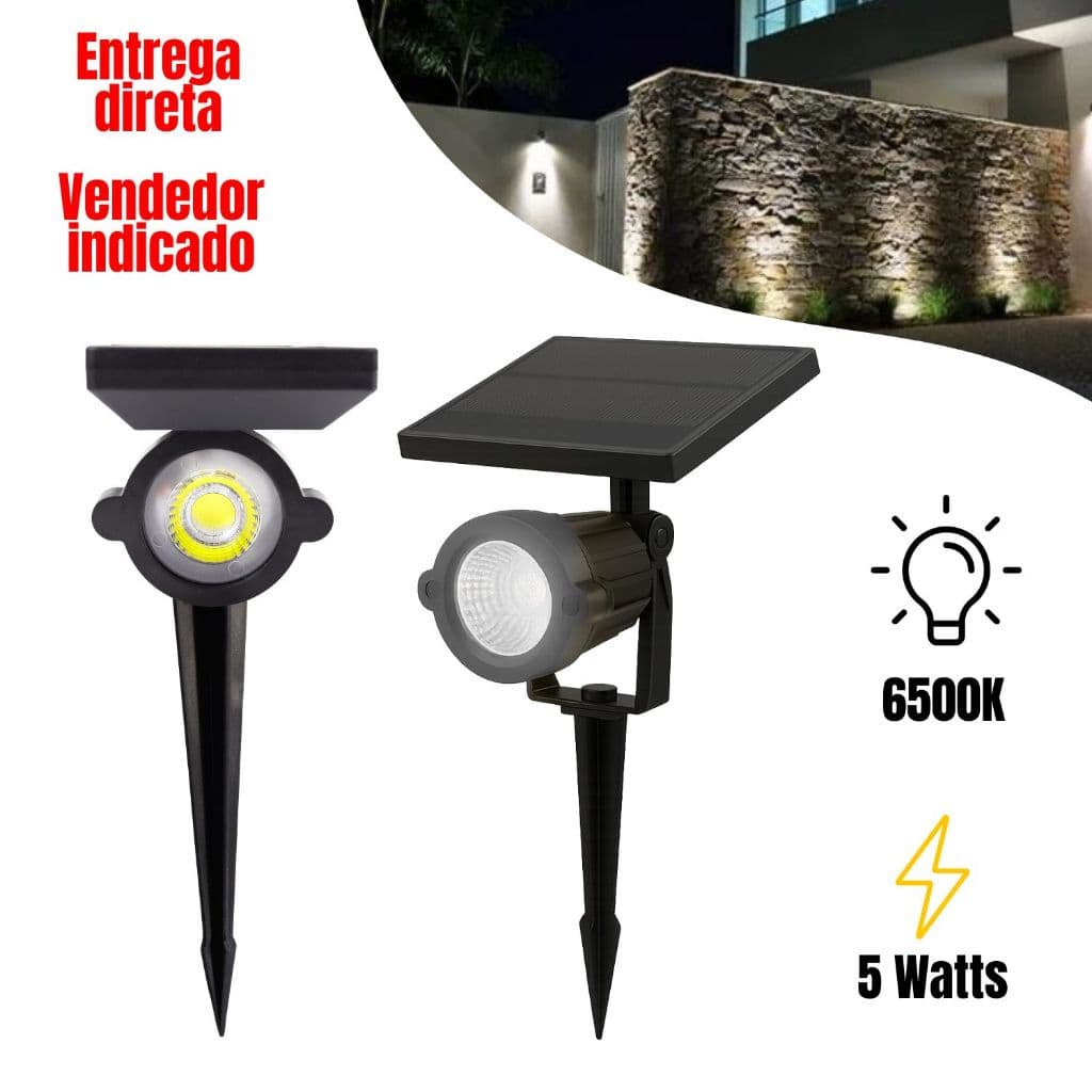 Painel Solar LED 5W Branco Frio 6500K Luminária Jardim Espeto Econômica