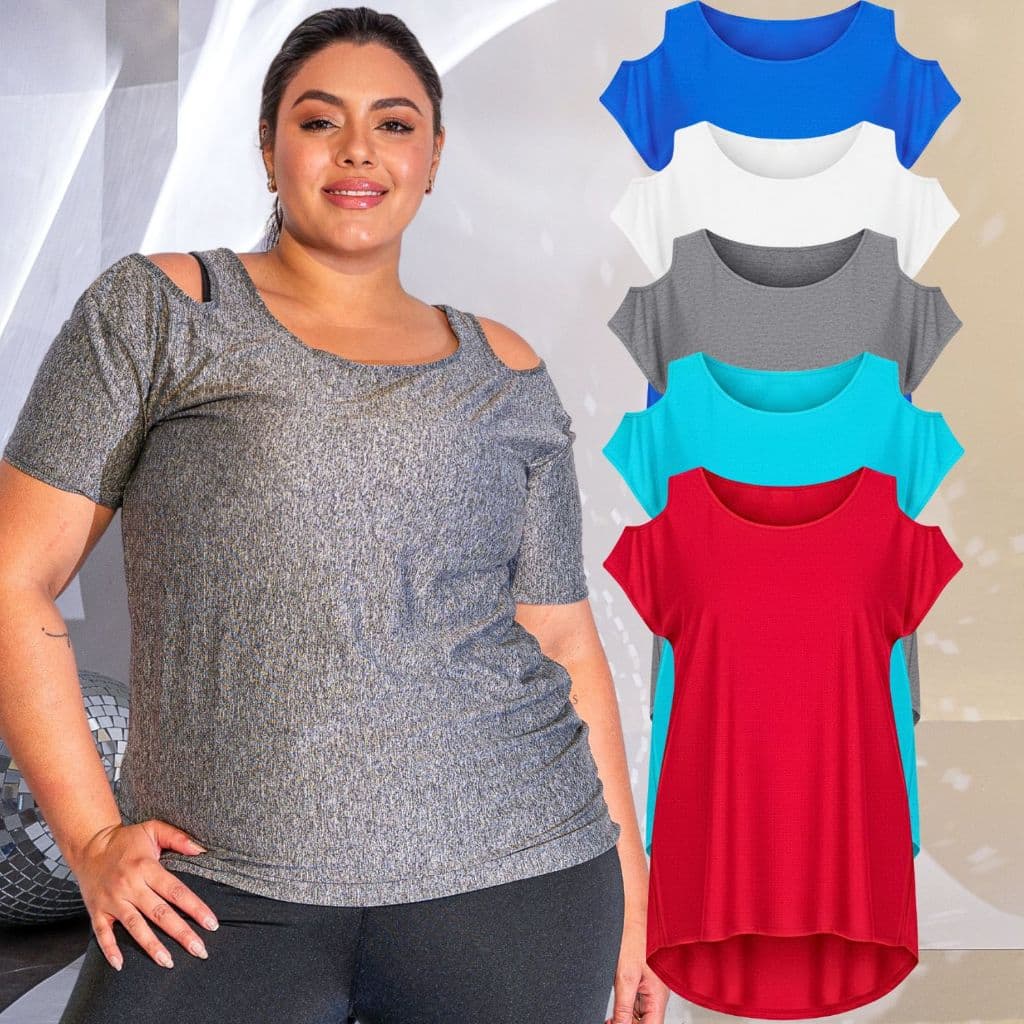 Kit 5 Blusas Plus Size Dry Fit Furadinho Respirável Seca Rápido Blogueira Academia Treinos Promoção