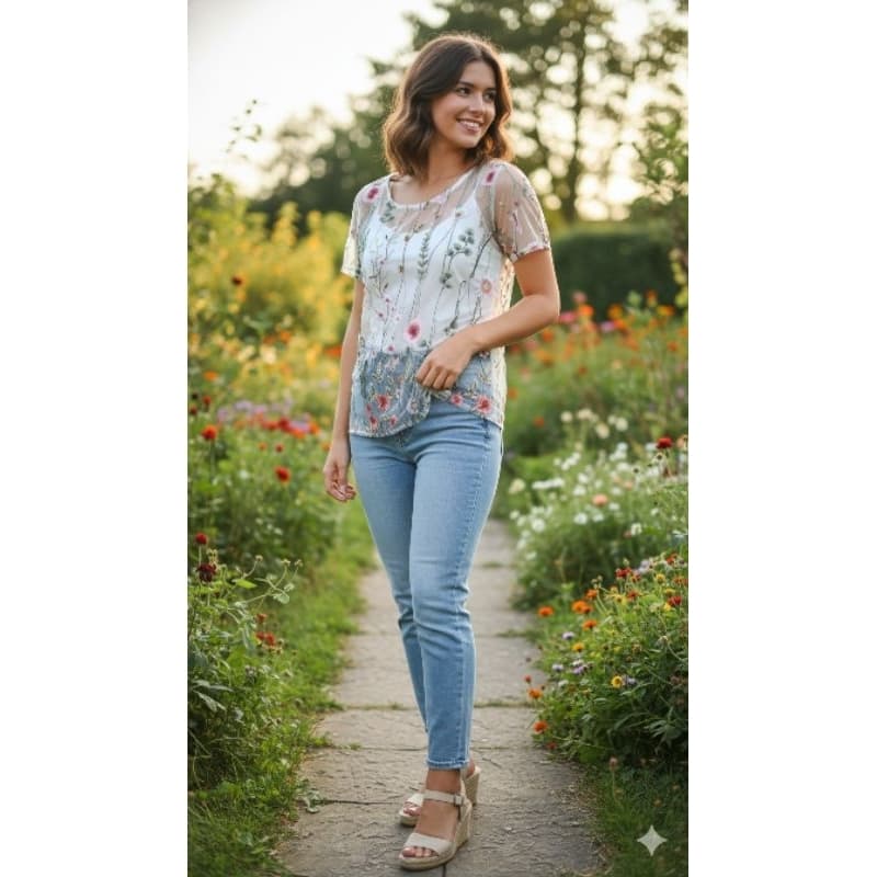 BRECHO Blusa Tule Bordada Guipir Forrada - Tam M/G Luxo