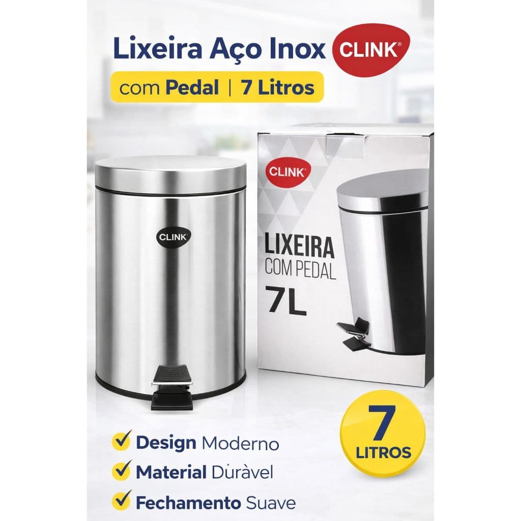 LIXEIRA COM PEDAL E CESTO REMOVÍVEL DE 7 LITROS AÇO INOX 25CMX20CM CLINK