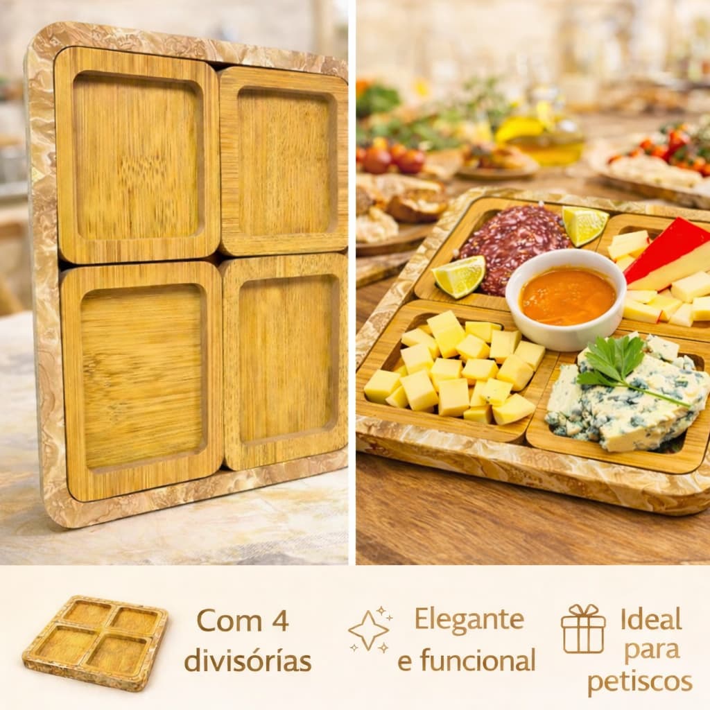 Conjunto Quatro Petisqueiras Quadradas Madeira Natural Organizador Aperitivos Refeicoes