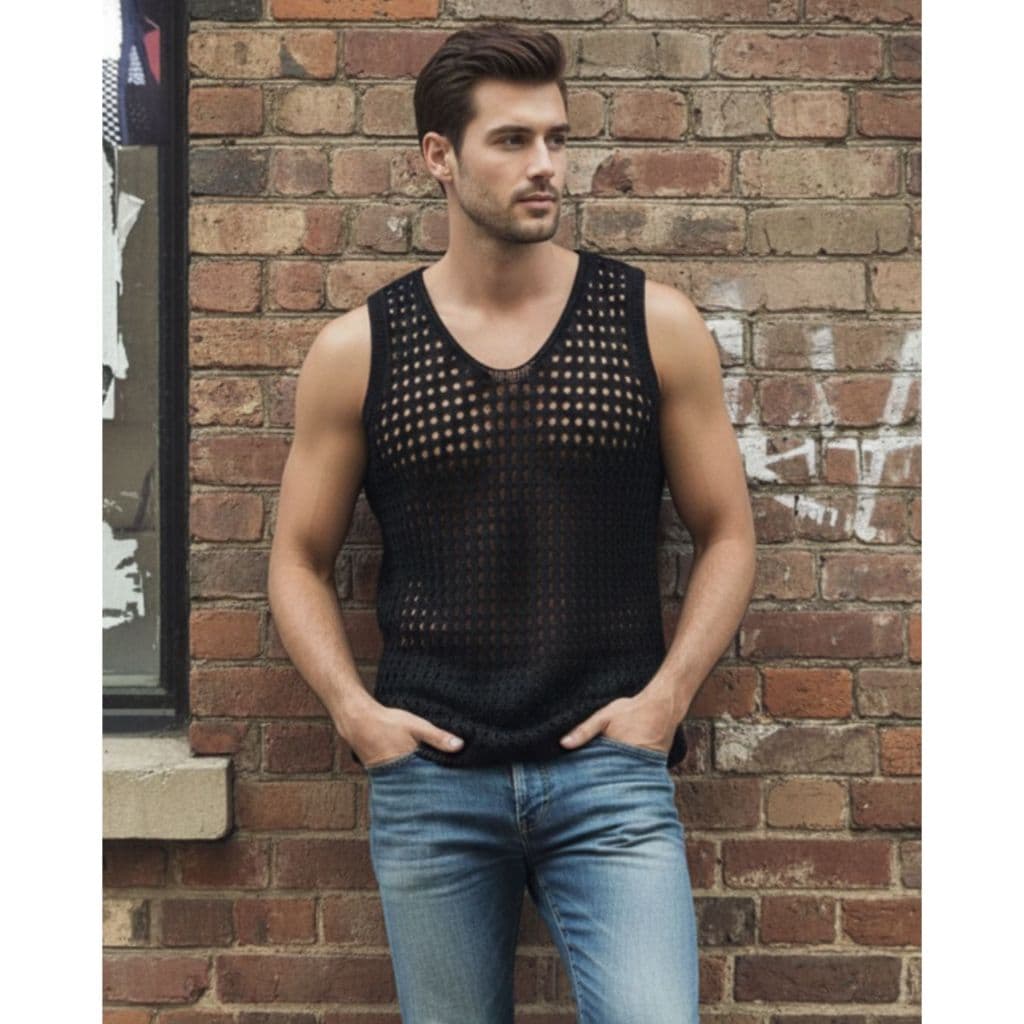 Regata Vazada Masculina Tricô Gola U Média Tricot Carnaval Praia Moda Verão