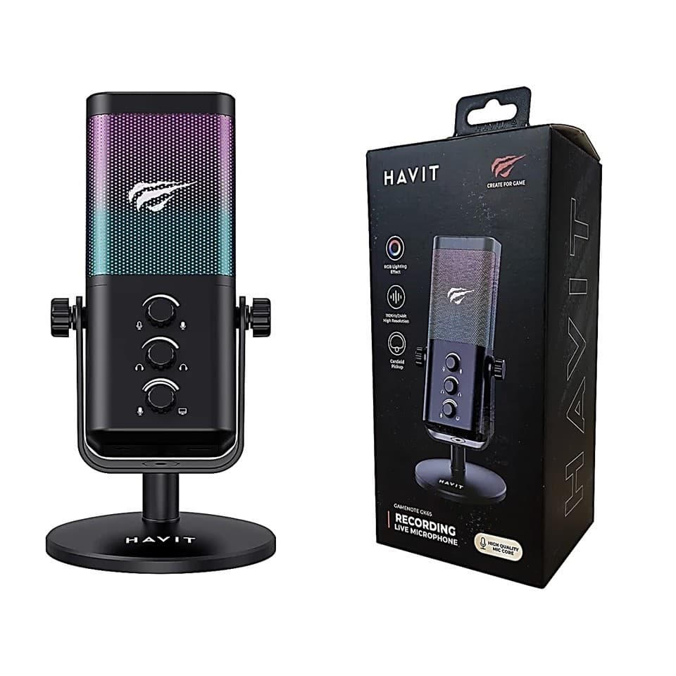 Havit Microfone Gamer Usb De Mesa PodCast Gravador de Live Gk65 Rgb Alta Sensibilidade Preto Havit Original