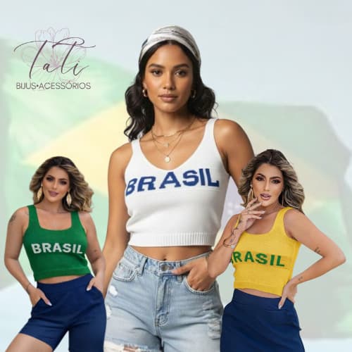 Cropped Tricô Brasil Feminino para Copa do Mundo Regata Curta com Escrita Verde e Amarelo