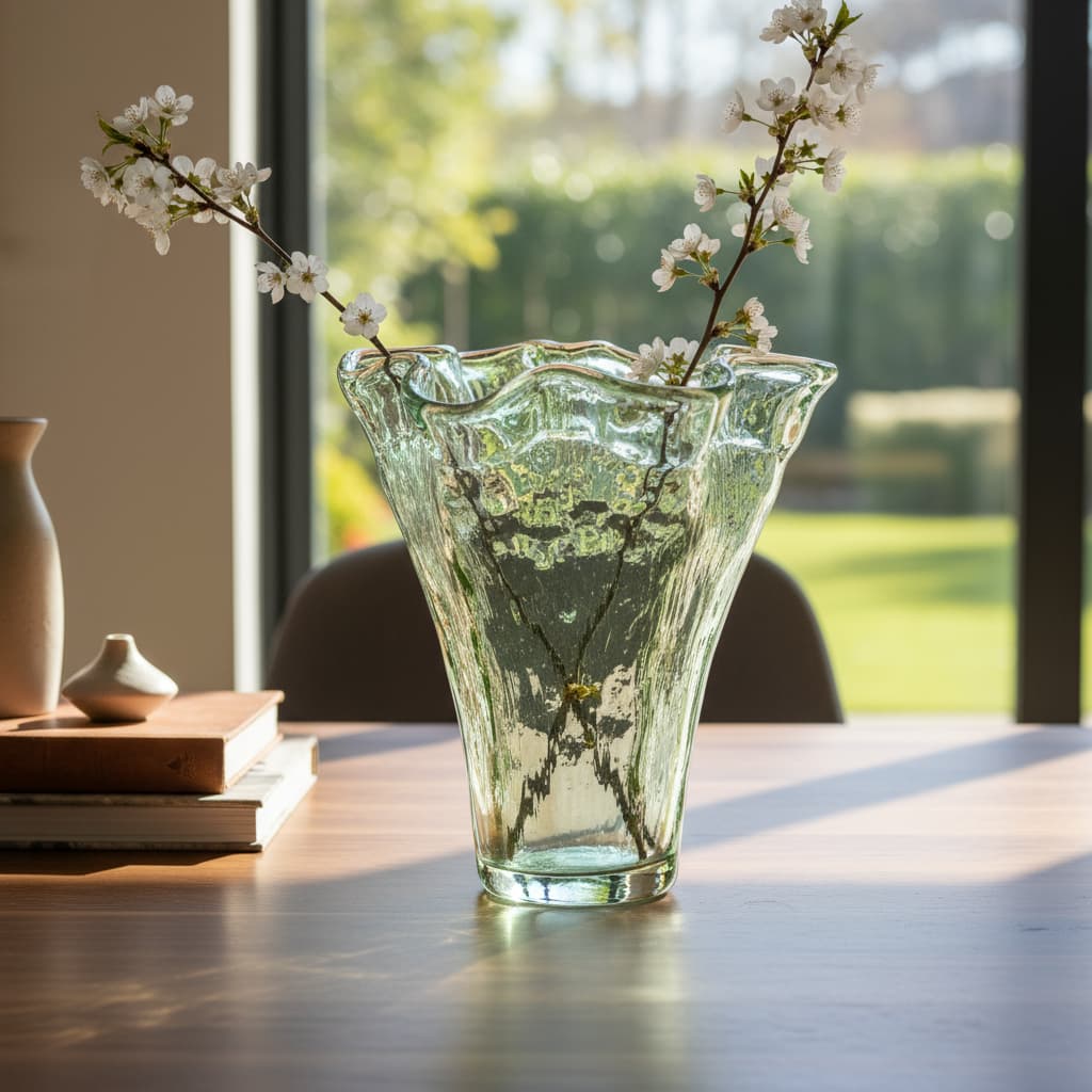Vaso De Vidro Verde Borda Ondulada 18x18x25cm Verde Lisa