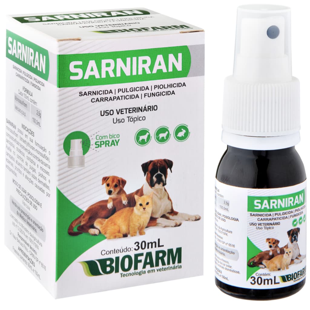 Sarniran Remedio Anti Sarna Spray Pulga Carrapato Cão Gato E Coelho