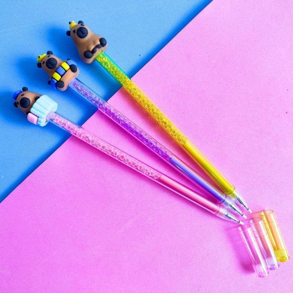 Caneta Capivara em Gel Fina 0,5mm com Cristais Ponta Fina Azul / Pedrinhas Cristais / Caneta Fofa