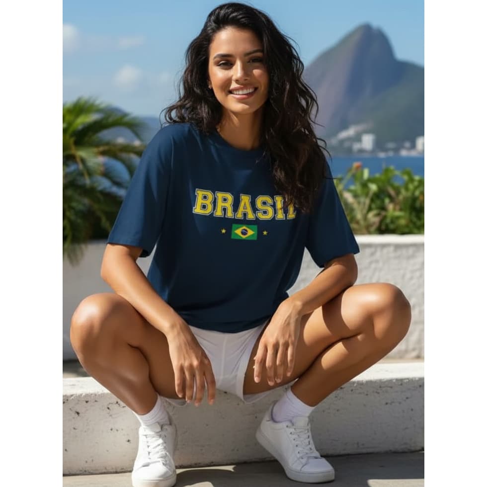 Camiseta Oversized T-Shirt Feminino 100% Algodão Casual Ombro Caído Com Estampa Do Brasil