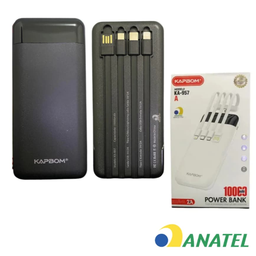Kapbom PowerBank 10000 mAh Portátil KA-9565 | Carregador Celular USB Rápido, Bateria Externa