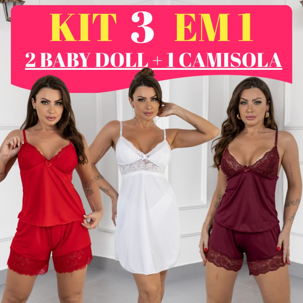 Kit com 2 Baby Doll e 1 Camisola Pijama Feminino Sensual
