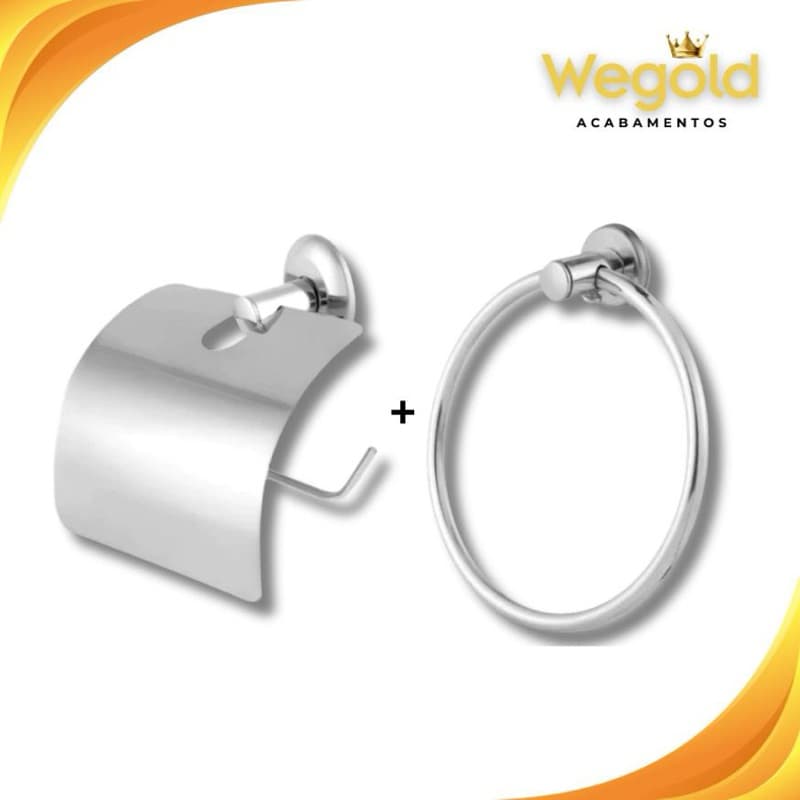 Kit Papeleira + Argola Stander 2 Peças Acessórios Para Banheiro